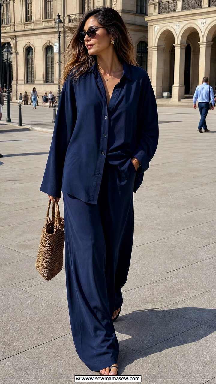 Navy Oversized Shirt and Wide Leg Pants Matching Set - 25 Matching set outfit ideas neutral