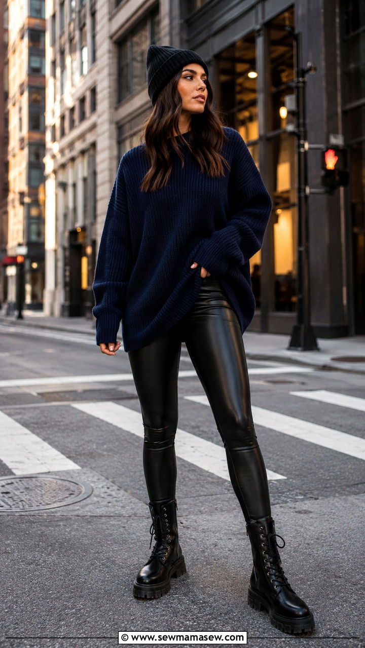 Navy Oversized Sweater With Leather Leggings And Combat Boots - 30 Oversized sweater with leggings outfit ideas