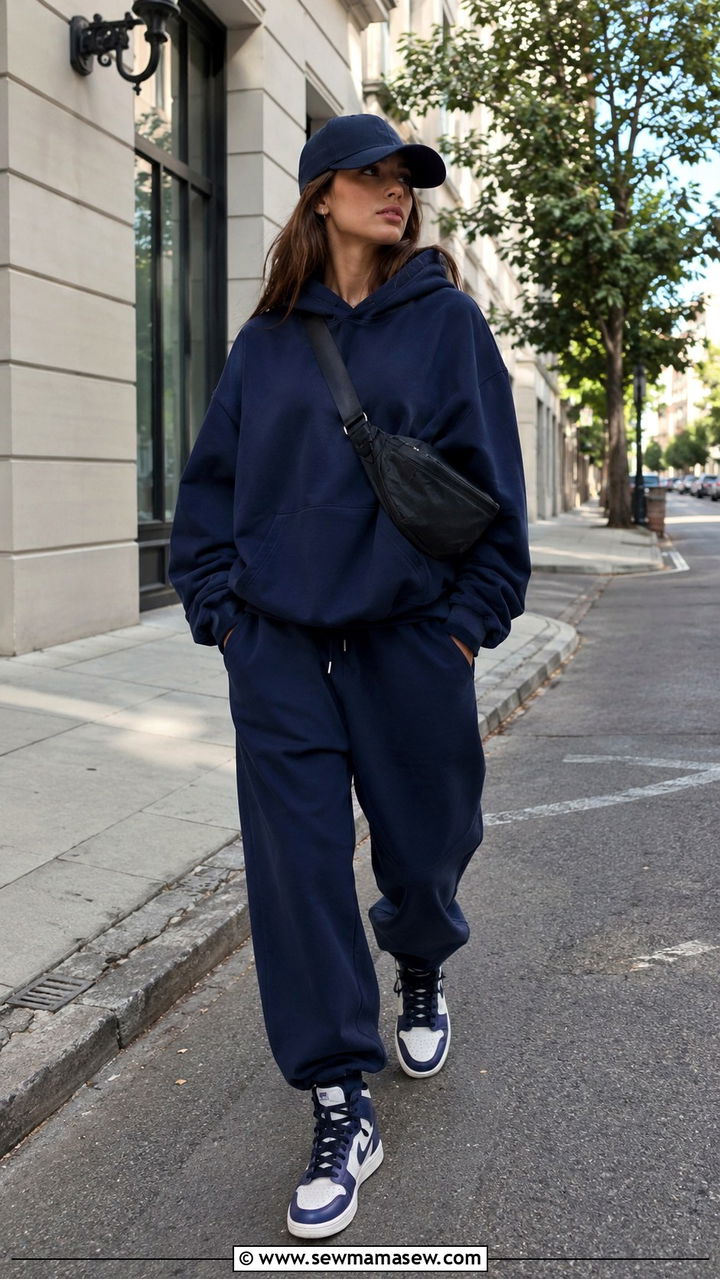 Navy Oversized Sweatsuit With Baseball Cap - 30 Sweatsuit outfit ideas women