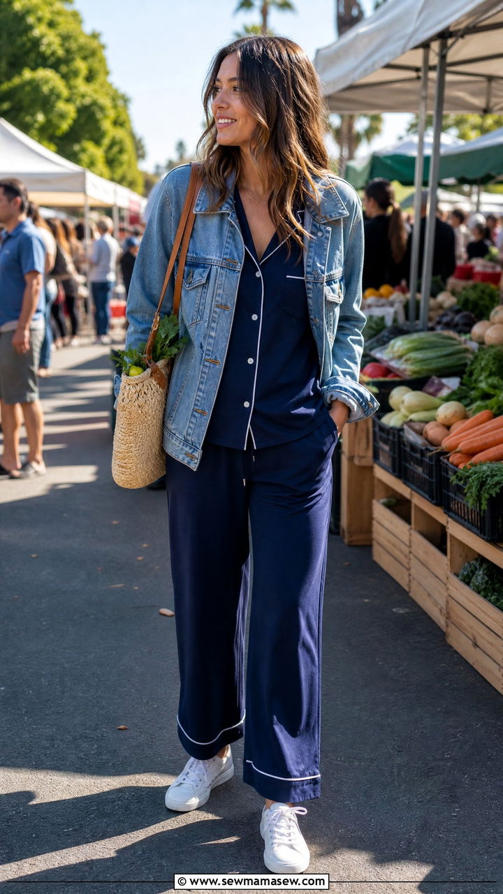 Navy Pajama Set With Denim Jacket - 25 Classic pajama set outfit ideas