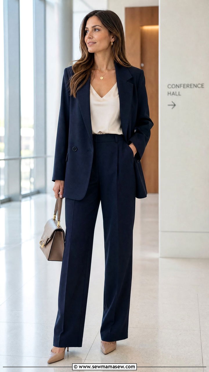 Navy Pant Suit with Nude Heels - 25 Panel discussion outfit ideas