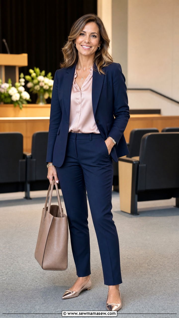 Navy Pantsuit With Silk Blouse - 35 Graduation outfits for moms