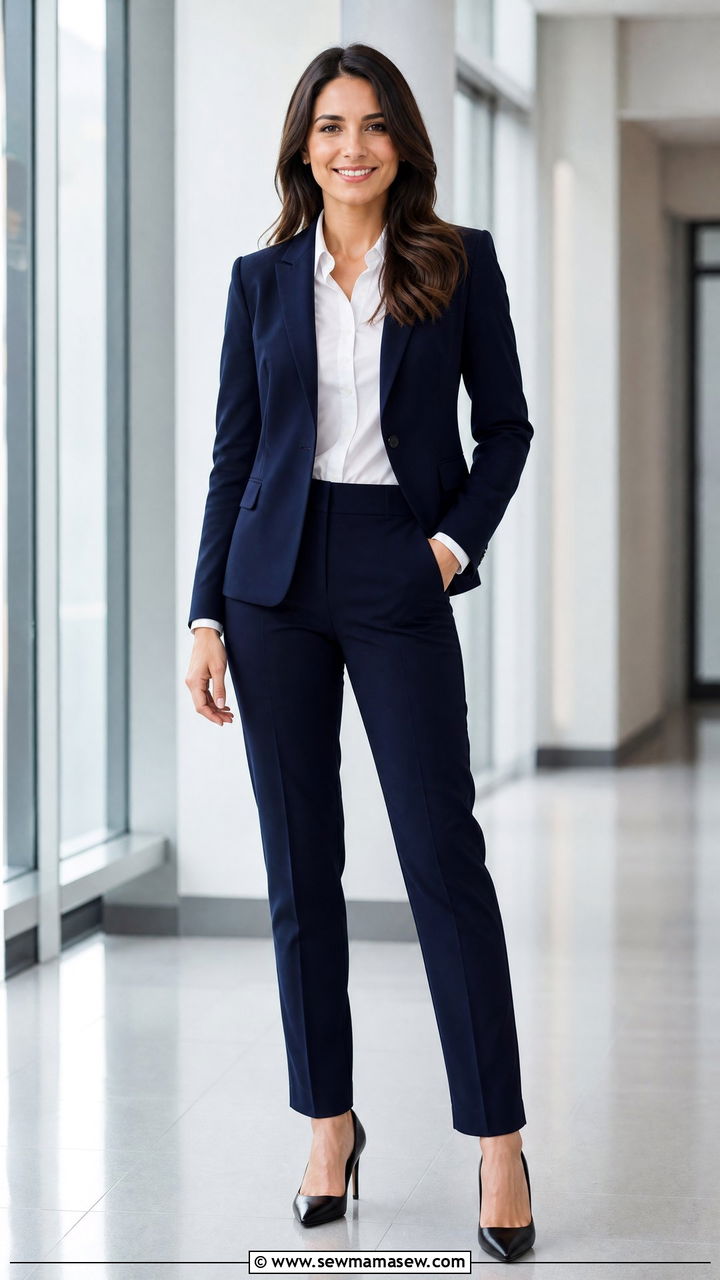 Navy Pantsuit With White Button Down And Black Pumps - 25 Investment banker outfit ideas