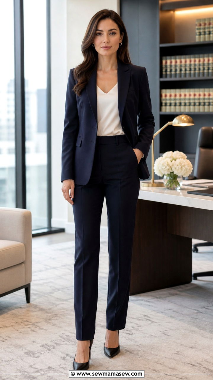 Navy Pantsuit With White Shell - 40 Lawyer outfit ideas