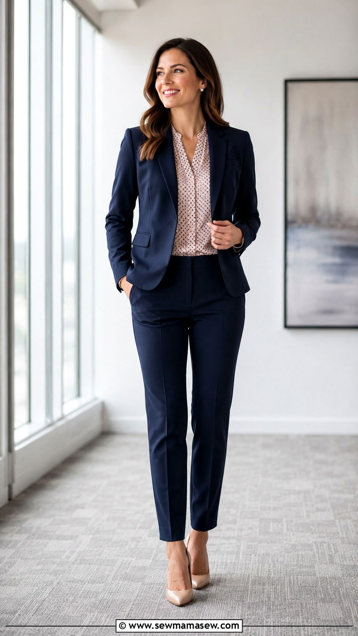 Navy Pantsuit with Patterned Blouse Look - 25 Paralegal outfit ideas