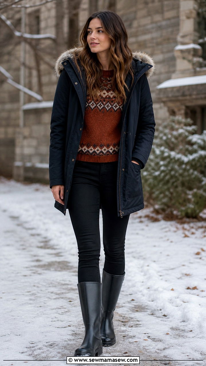 Navy Parka With a Patterned Sweater and Black Jeans - 40 casual black jeans outfits