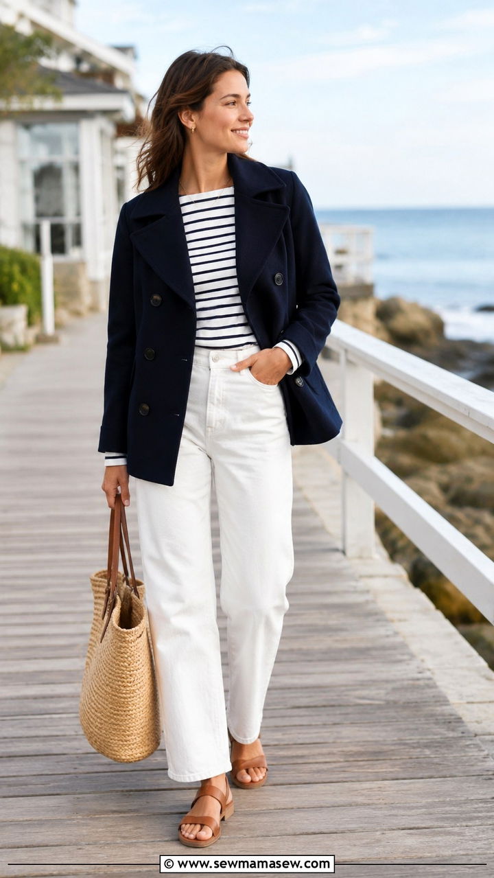 Navy Pea Coat With Striped Breton Top And White Jeans - 20 Summer outfits with pea coat