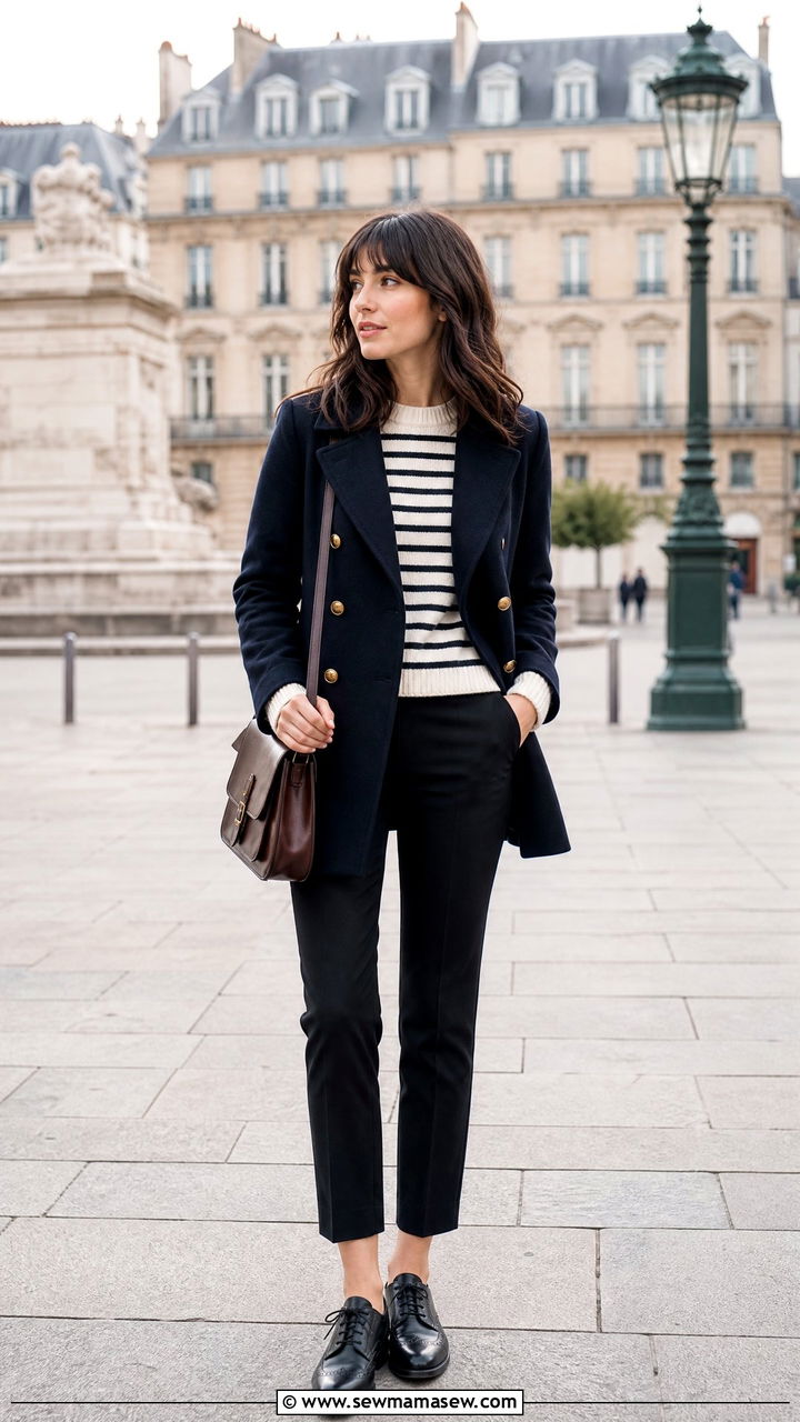 Navy Pea Coat With Striped Sweater and Cropped Cigarette Pants - 25 Caroline de Maigret outfit ideas
