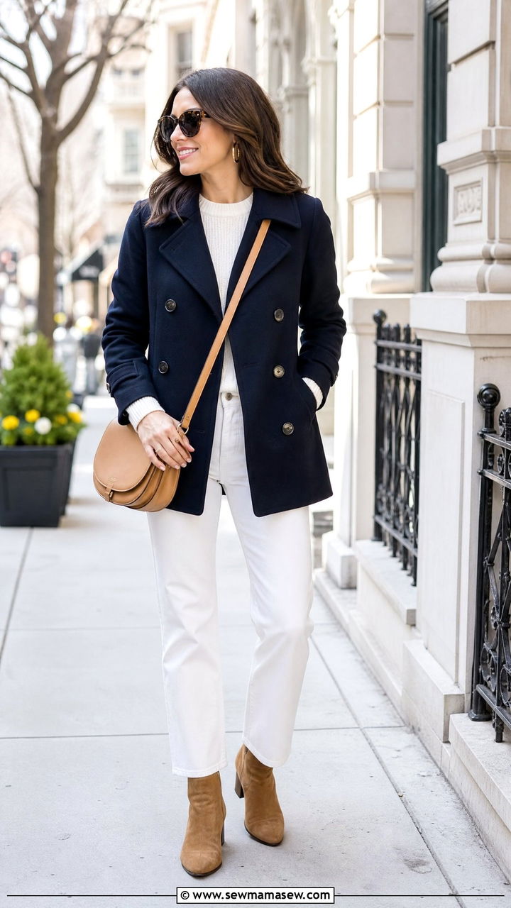 Navy Pea Coat With White Jeans Spring Outfit - 25 Spring outfits with pea coat