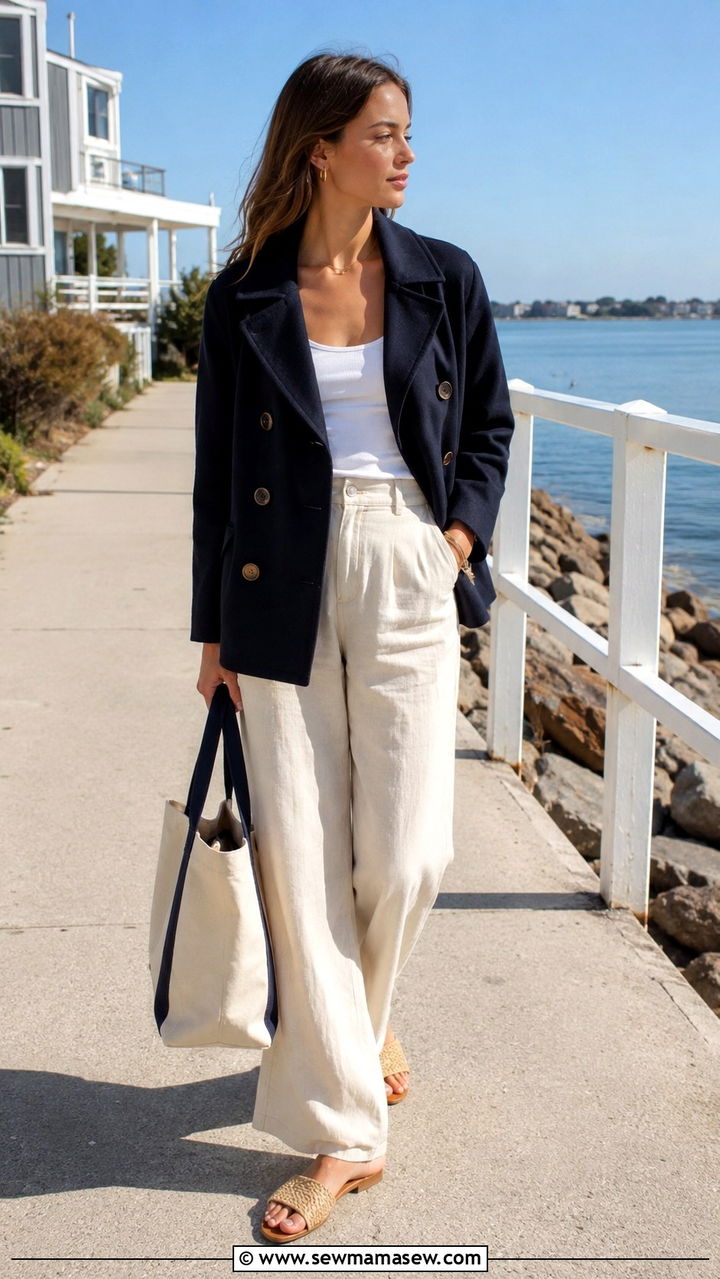 Navy Pea Coat With White Linen Trousers - 20 Summer outfits with pea coat