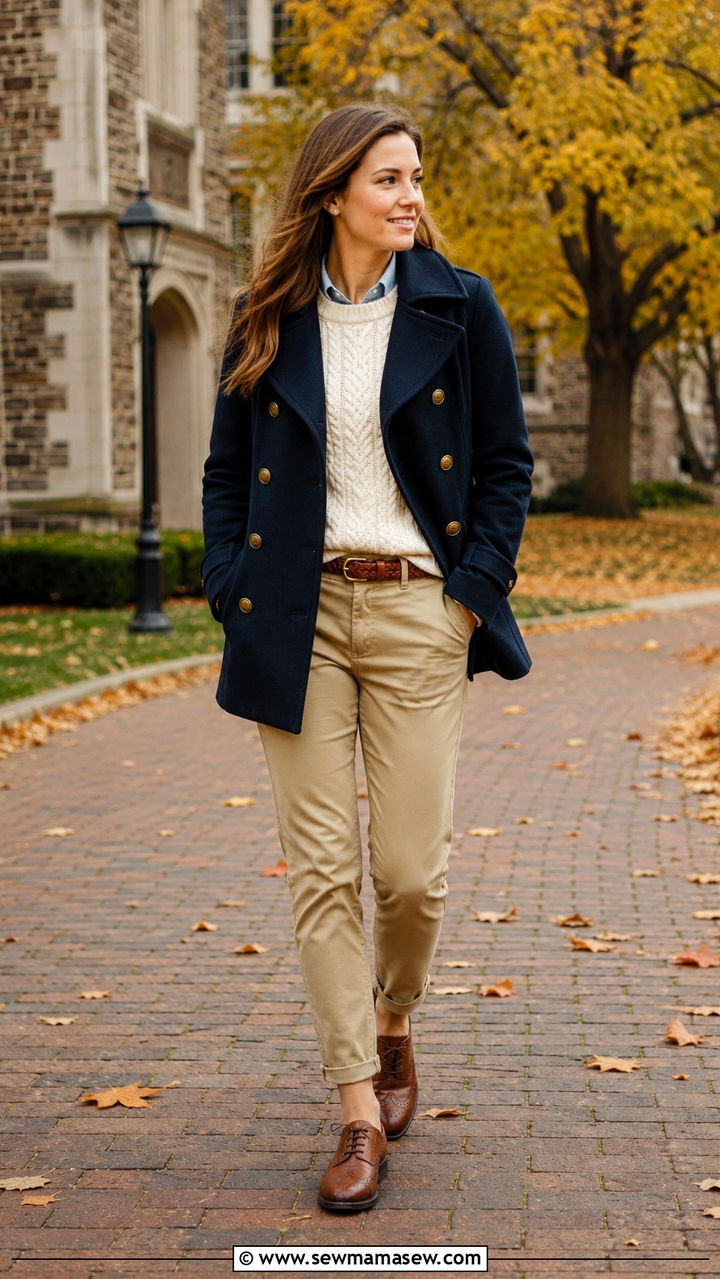 Navy Pea Coat with Cable Knit Sweater and Khaki Chinos - 30 How to style a pea coat