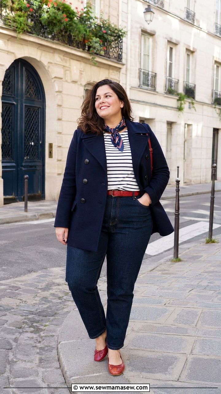 Navy Pea Coat with Striped Breton Top and Red Accents - 25 Plus size outfit ideas Parisian