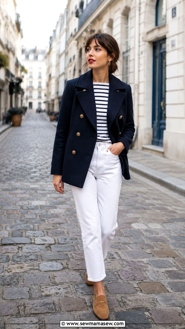 Navy Pea Coat with Striped Breton Top and White Jeans - 30 How to style a pea coat