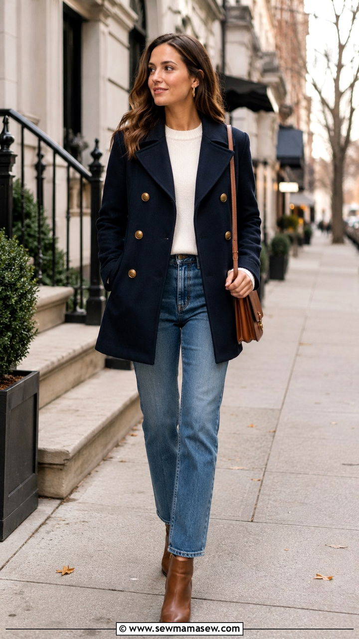 Navy Pea Coat with White Sweater and Straight Leg Jeans - 30 How to style a pea coat
