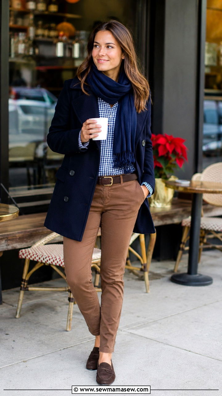 Navy Pea Coat with a Gingham Shirt and Brown Chinos - 30 How to style a pea coat