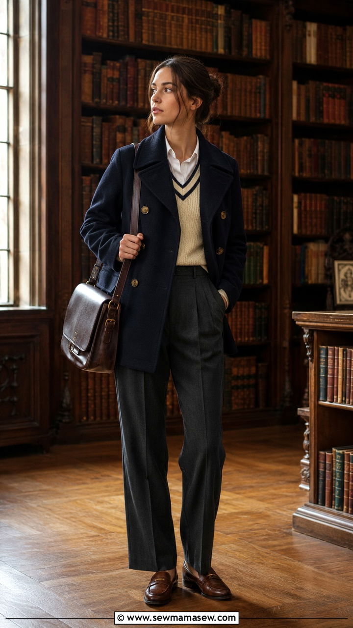 Navy Pea Coat with a Sweater Vest and Pleated Trousers - 30 How to style a pea coat