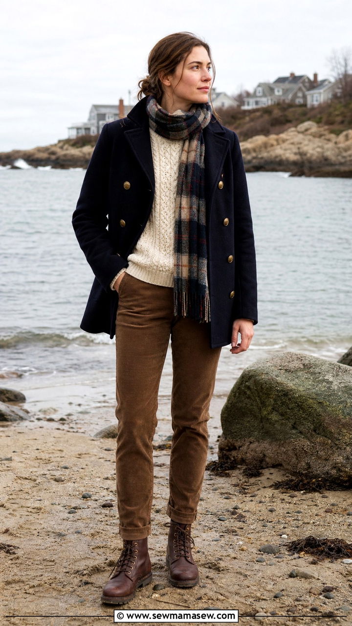 Navy Peacoat With Cream Fisherman Sweater And Corduroy Pants - 40 old money outfits