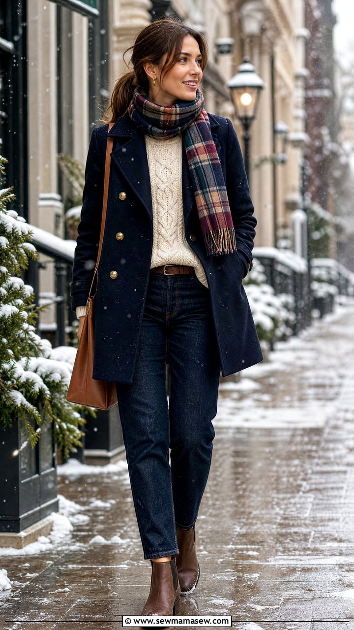 Navy Peacoat With Cream Sweater And Dark Jeans Outfit - 25 Personal shopper outfit ideas