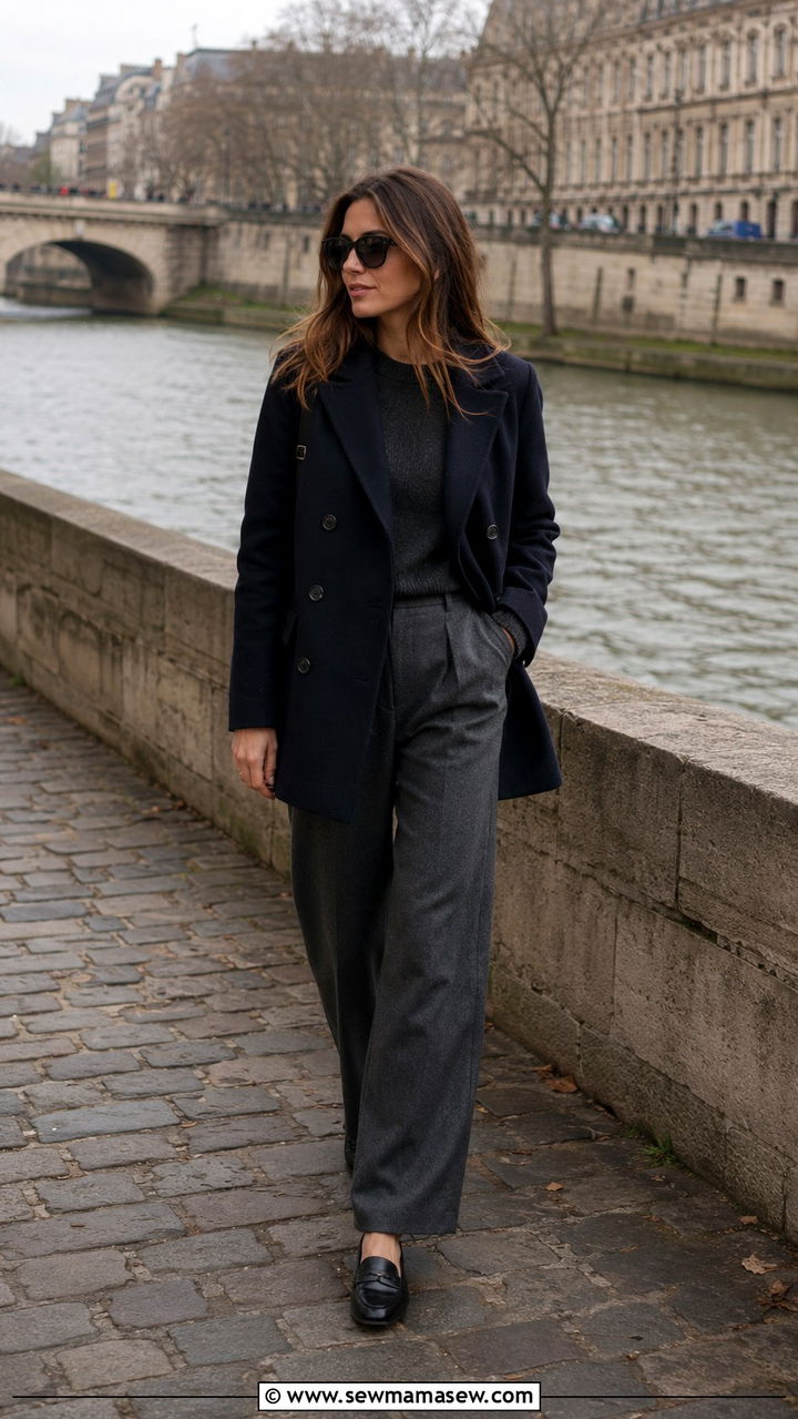Navy Peacoat With Grey Wool Trousers And Loafers - 20 French girl outfit ideas Caroline de Maigret