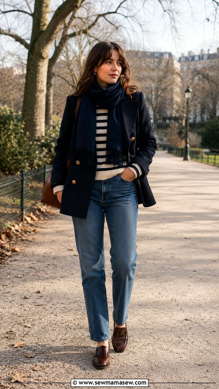 Navy Peacoat With Striped Sweater and Straight Jeans - 30 parisian capsule wardrobe outfits