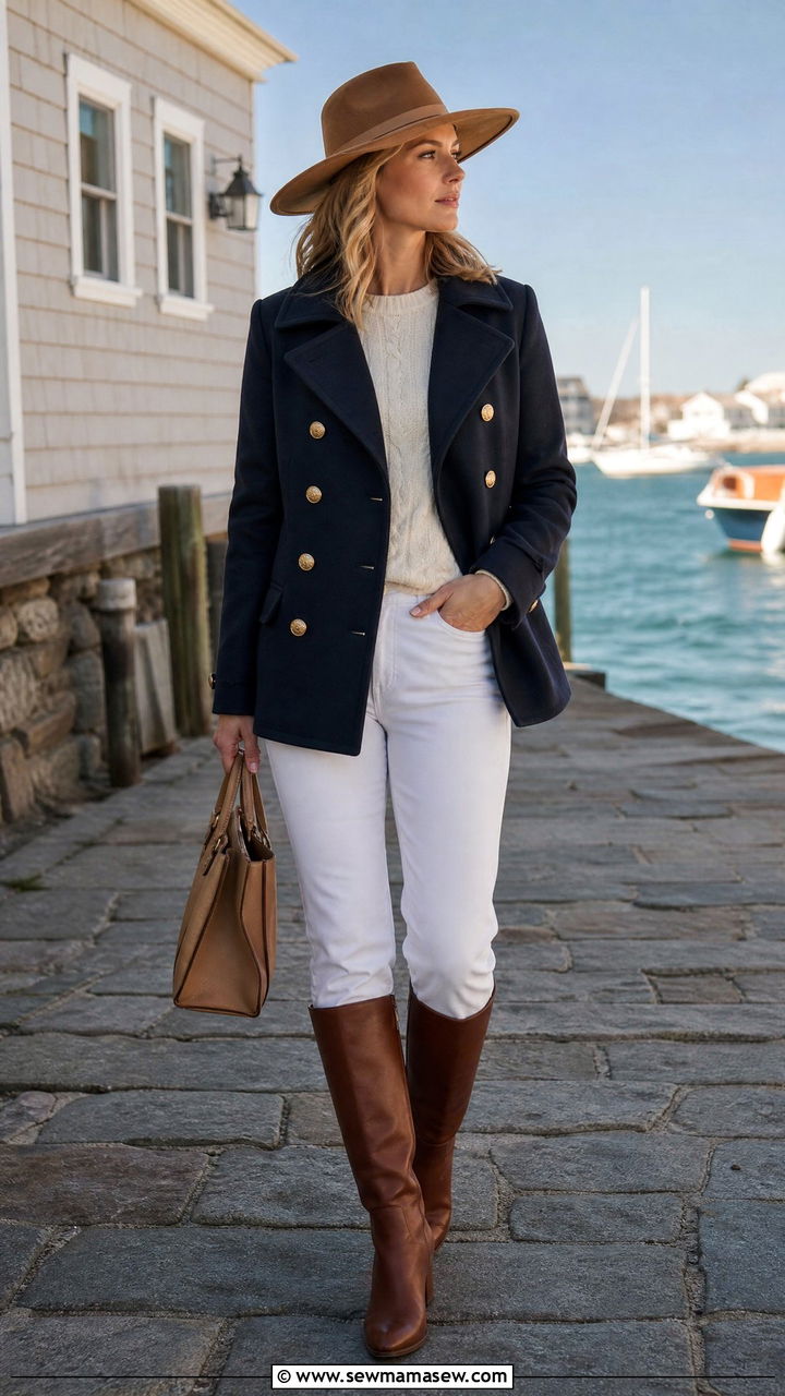 Navy Peacoat With White Jeans And Wide Brim Wool Hat - 25 Old money outfit ideas with wide brim hat