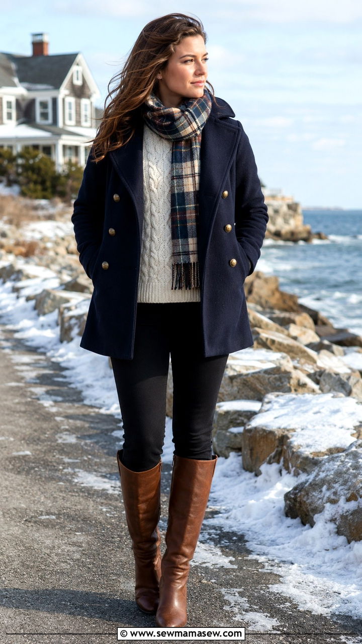 Navy Peacoat and Cable Knit Sweater - 30 old money outfits to copy
