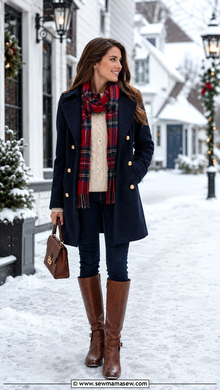 Navy Peacoat over Cable Knit Sweater and Tartan Scarf with Riding Boots - 30 preppy capsule wardrobe outfits