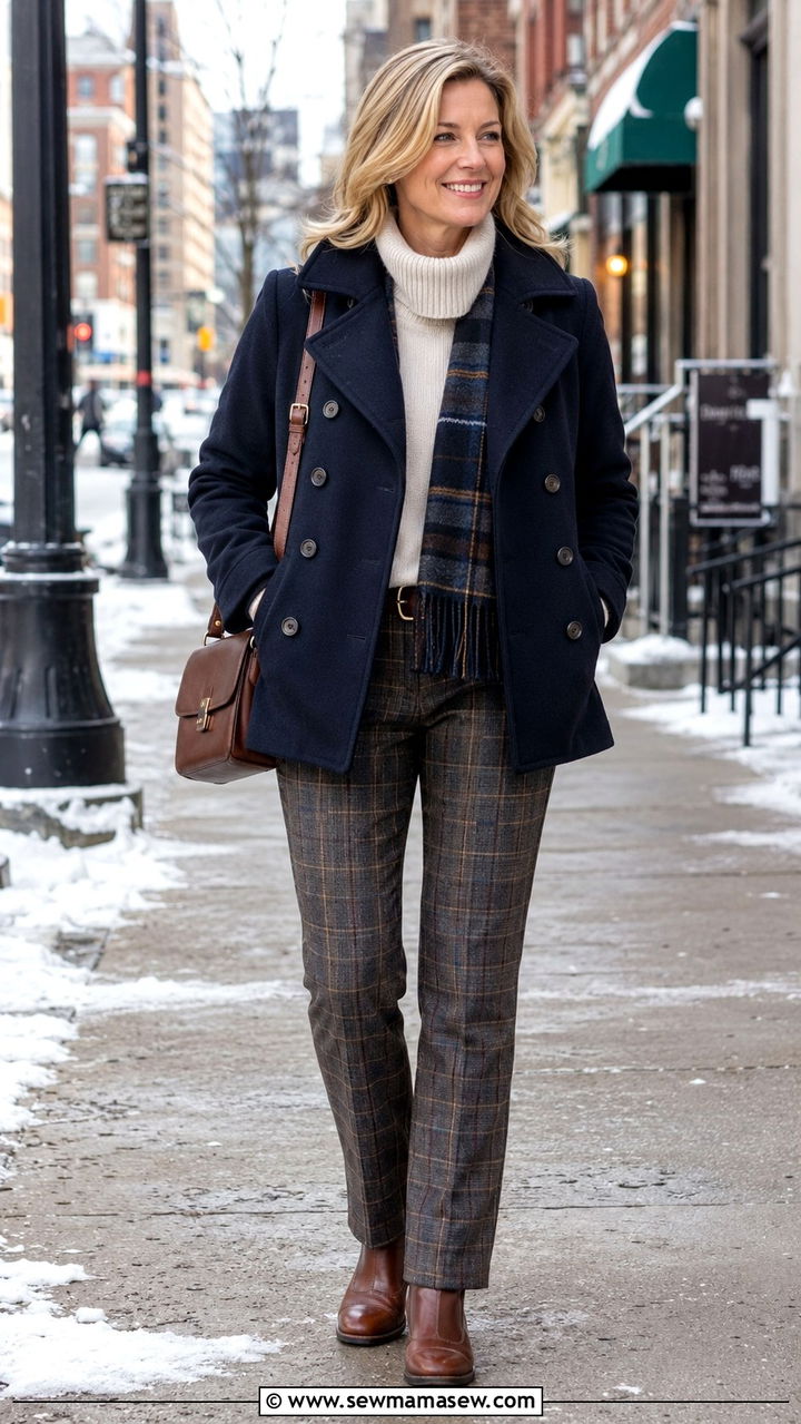 Navy Peacoat with Turtleneck and Plaid Trousers - 25 preppy outfit ideas for women over 40