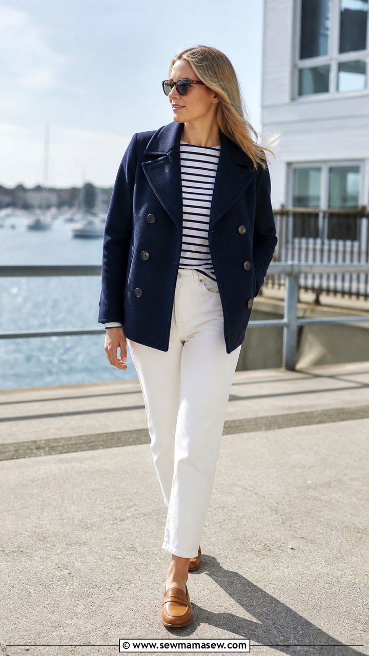 Navy Peacoat with a Striped Shirt and White Jeans - 40 Pea coat outfit ideas