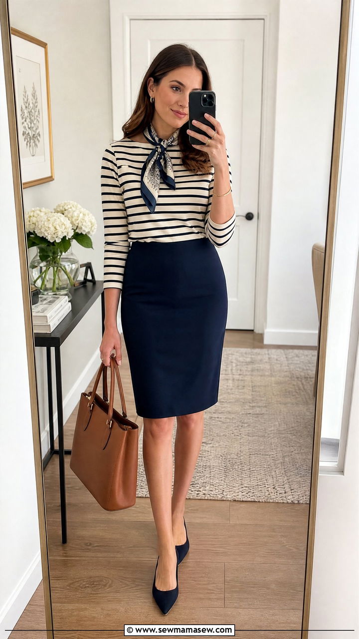 Navy Pencil Skirt with Striped Top - 25 Business casual outfits with skirt