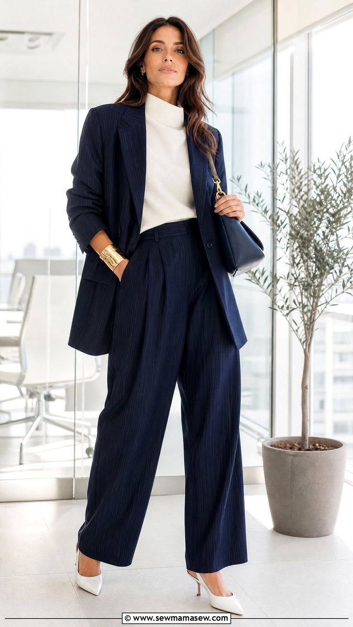 Navy Pinstripe Baggy Suit With White Funnel Neck Top Outfit - 25 classy glamoratti outfits