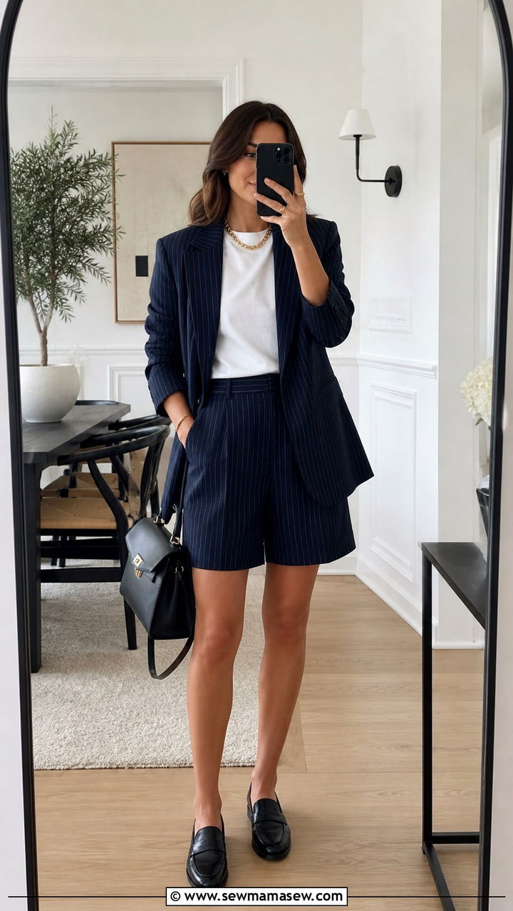 Navy Pinstripe Blazer And Trouser Shorts Set - 40 matching set outfit ideas for women