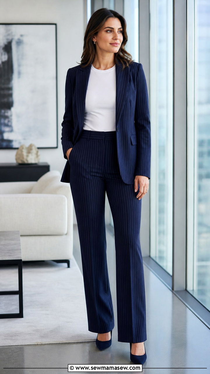 Navy Pinstripe Blazer With Matching Trousers - 40 blazer outfit ideas for women