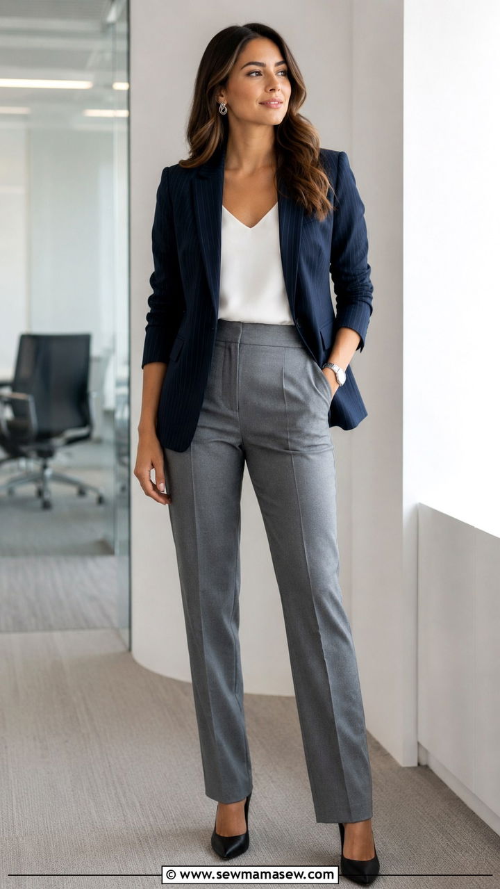 Navy Pinstripe Blazer With White Shell And Gray Trousers - 25 Virtual interview outfit ideas