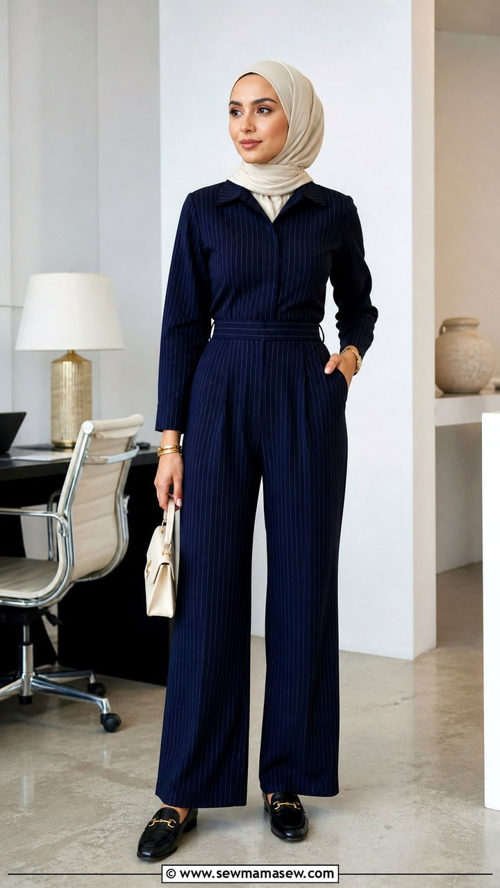 Navy Pinstripe Modest Jumpsuit With Loafers - 40 Eid outfit ideas for women