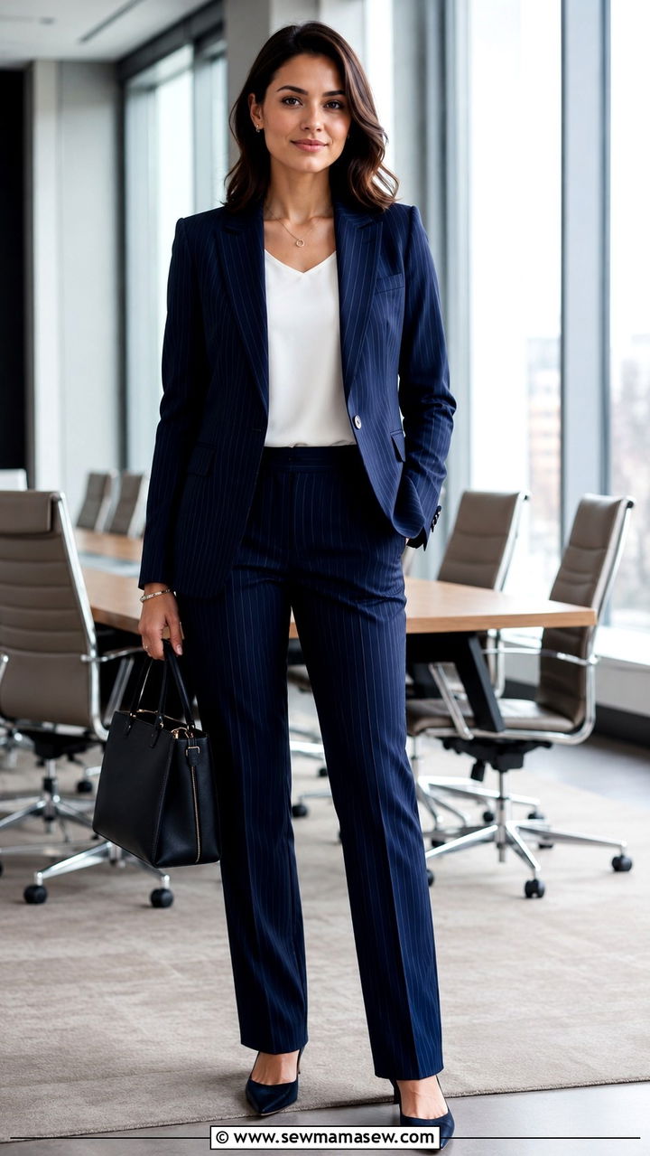 Navy Pinstripe Pantsuit With Pointed Toe Flats - 30 HR conference outfit ideas