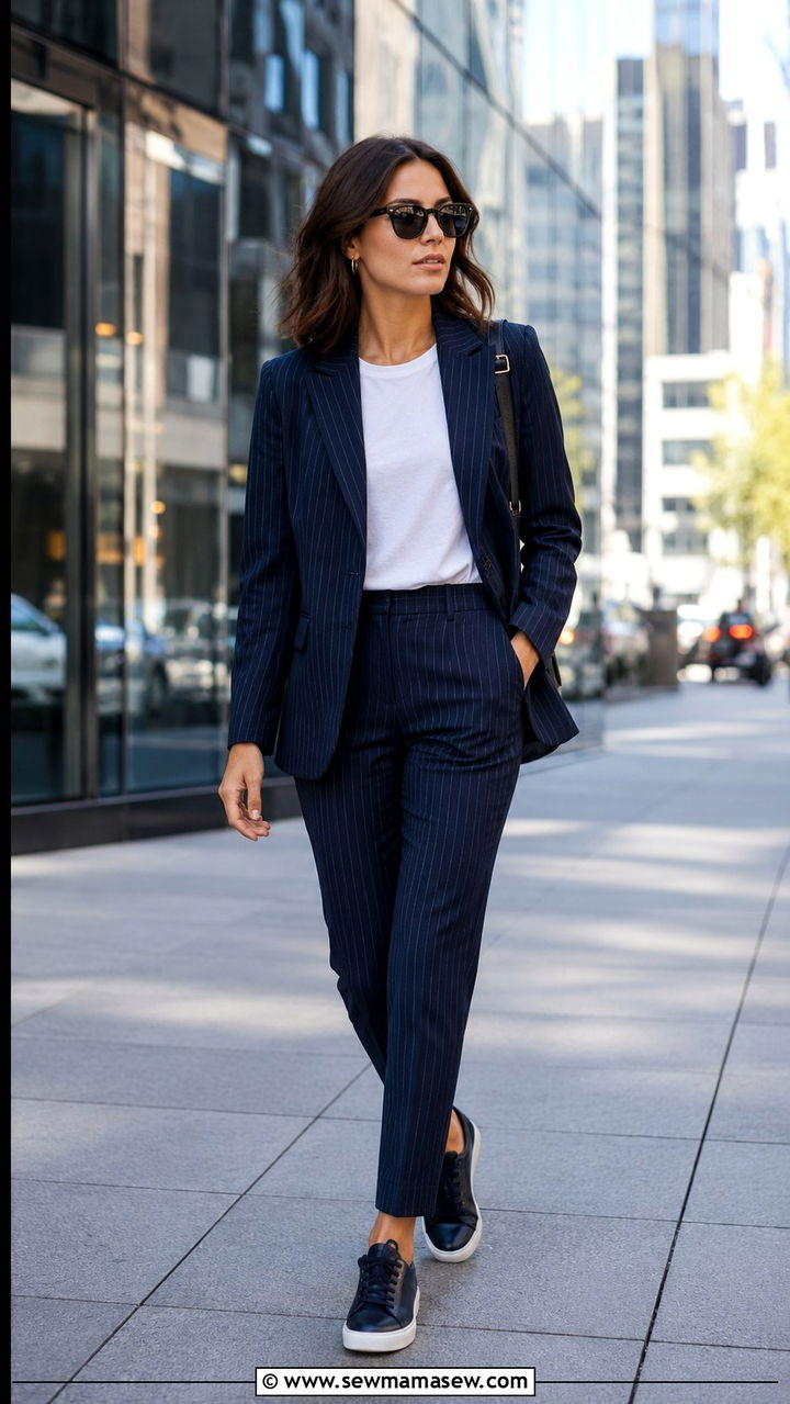 Navy Pinstripe Suit With Sneakers - 30 Monochromatic navy outfits