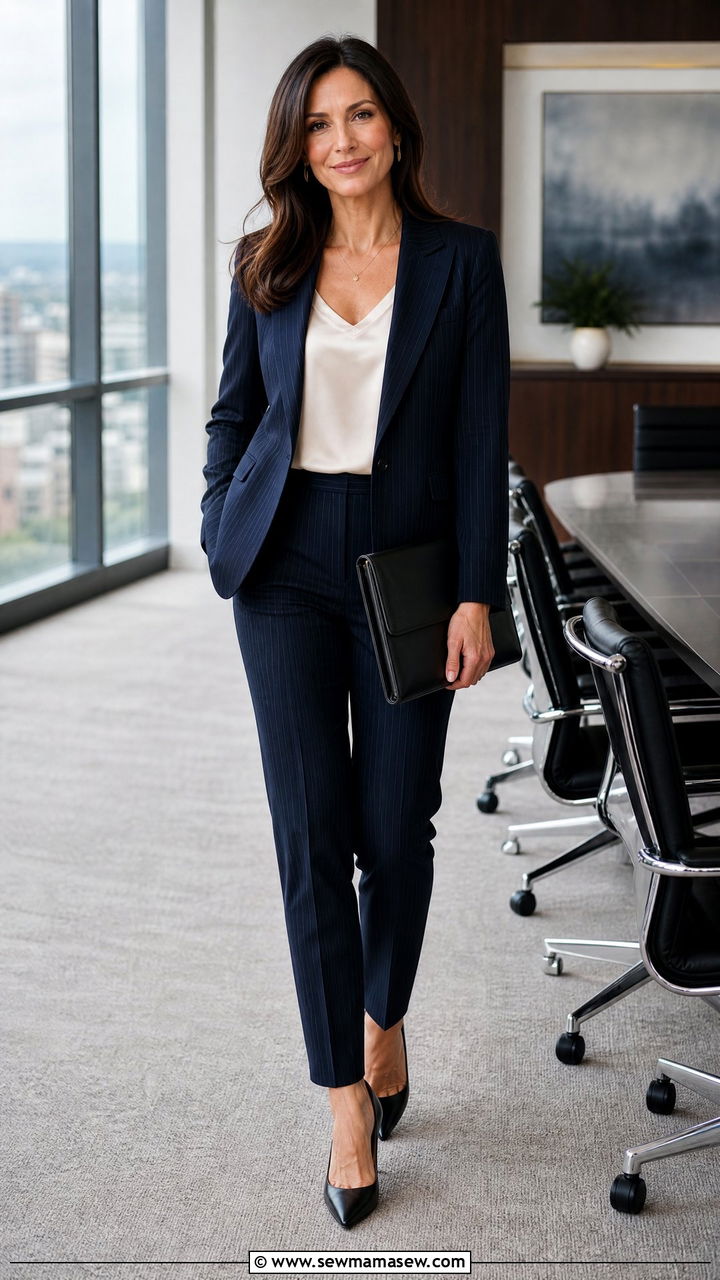 Navy Pinstripe Suit with Cream Silk Shell and Black Pointed Pumps - 30 job interview outfits for women over 40