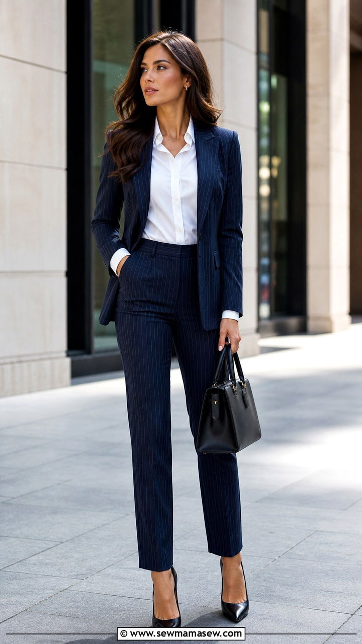 Navy Pinstripe Suit with Pointed Toe Pumps - 40 classy work outfits