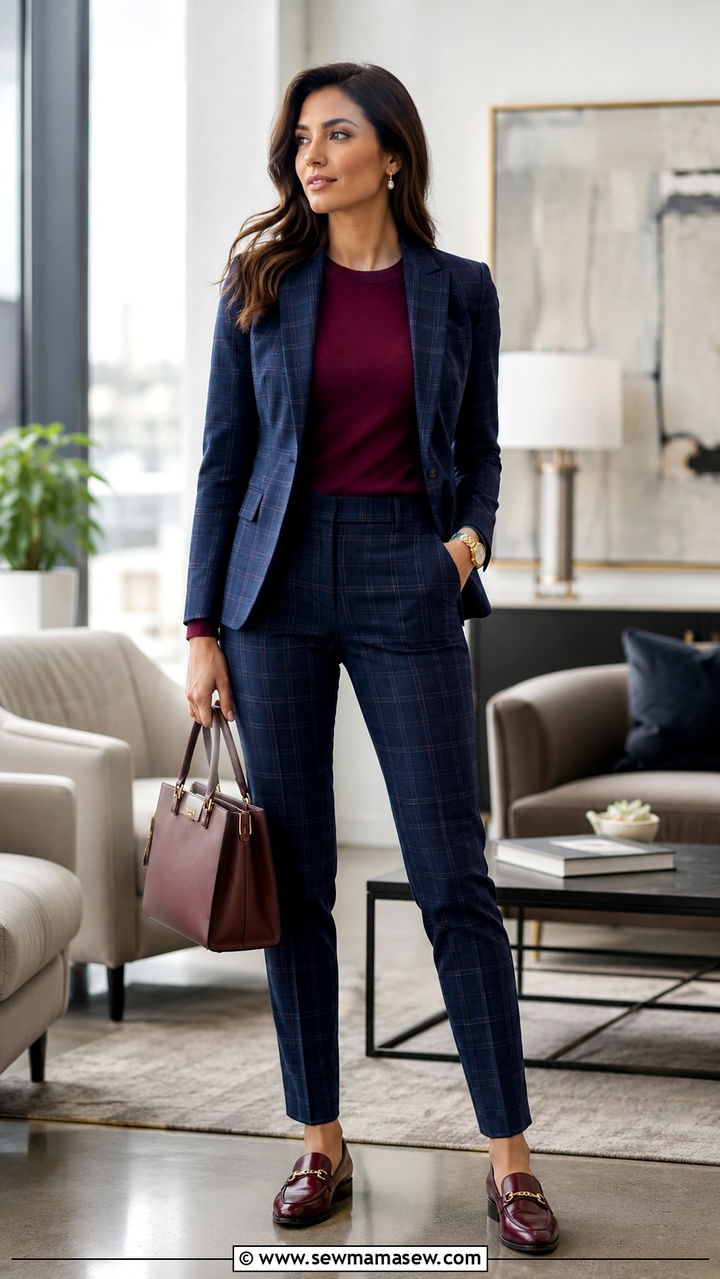 Navy Plaid Suit with Burgundy Sweater - 25 Navy and burgundy outfit ideas