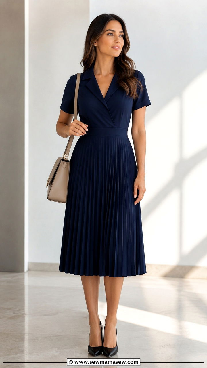 Navy Pleated Midi Dress With Black Pumps and Beige Bag - 30 Midi dress for work outfit ideas