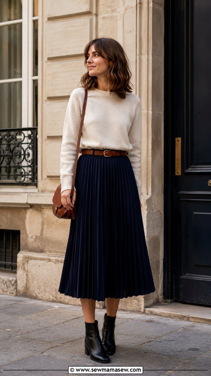 Navy Pleated Midi Skirt With A Fine Knit Cream Sweater And Ankle Boots - 30 Parisian work outfits