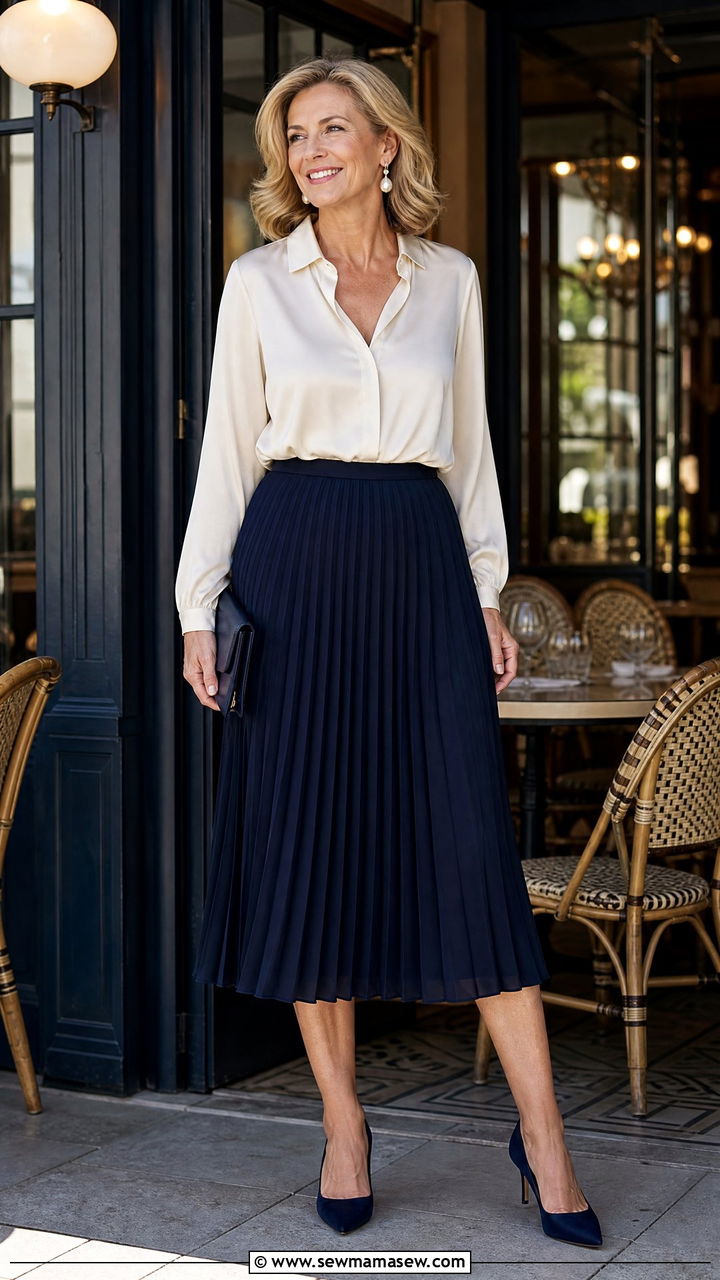 Navy Pleated Midi Skirt With Silk Blouse - 25 Birthday outfits for women over 50