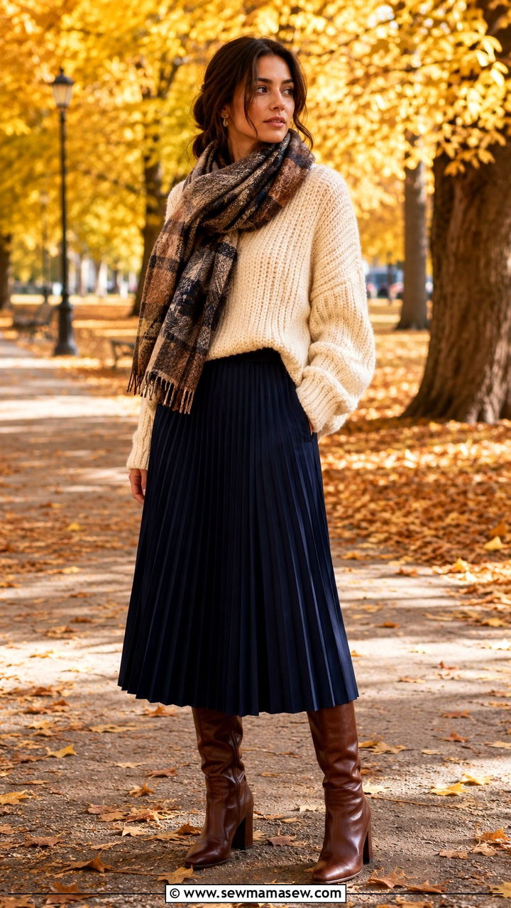Navy Pleated Midi Skirt with Chunky Knit Sweater Outfit - 30 navy outfit ideas for women