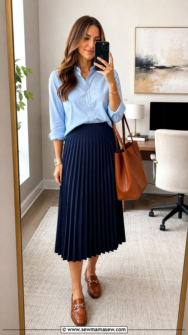 Navy Pleated Midi Skirt with Light Blue Button Down - 30 Midi skirt outfit ideas for work