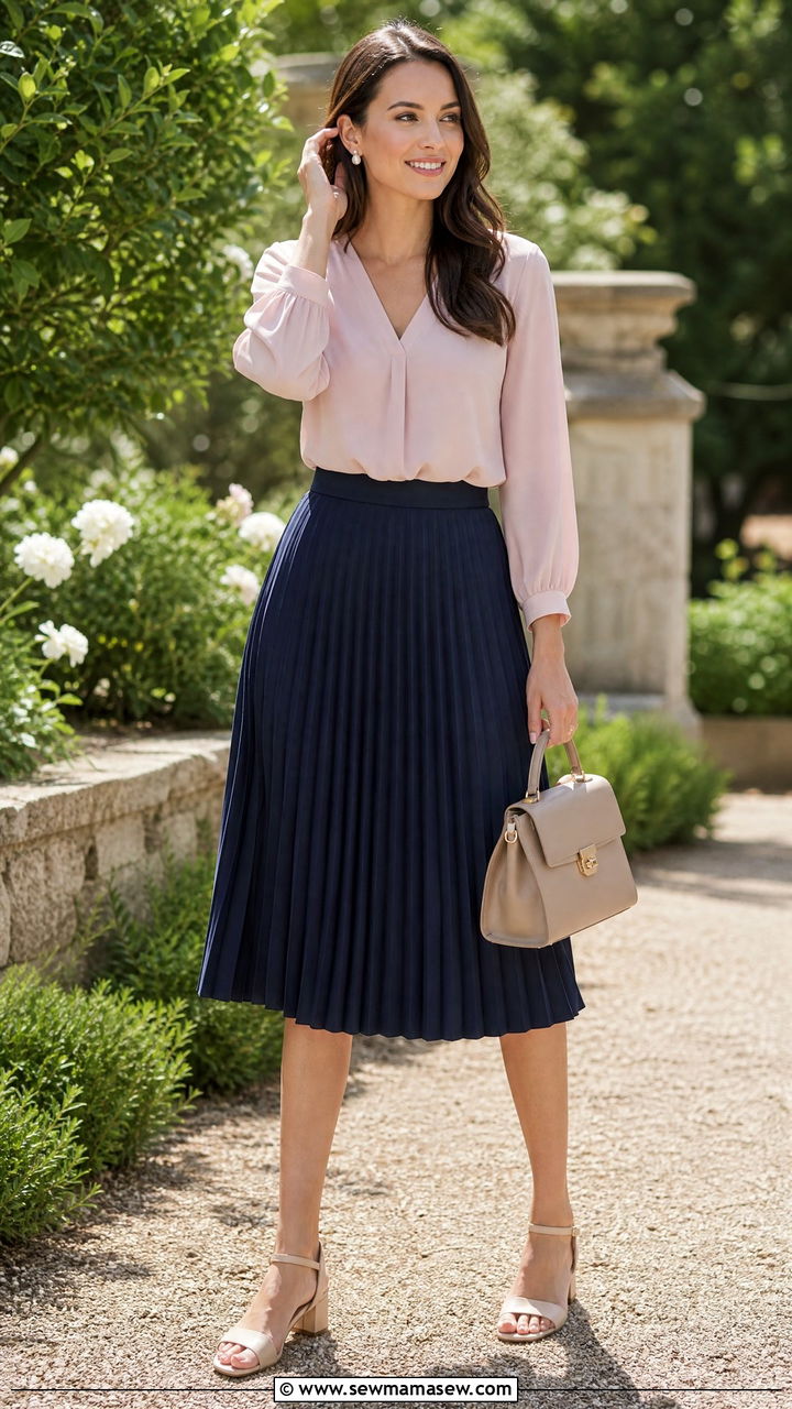 Navy Pleated Midi Skirt with Lightweight Blouse - 30 summer modest outfit ideas