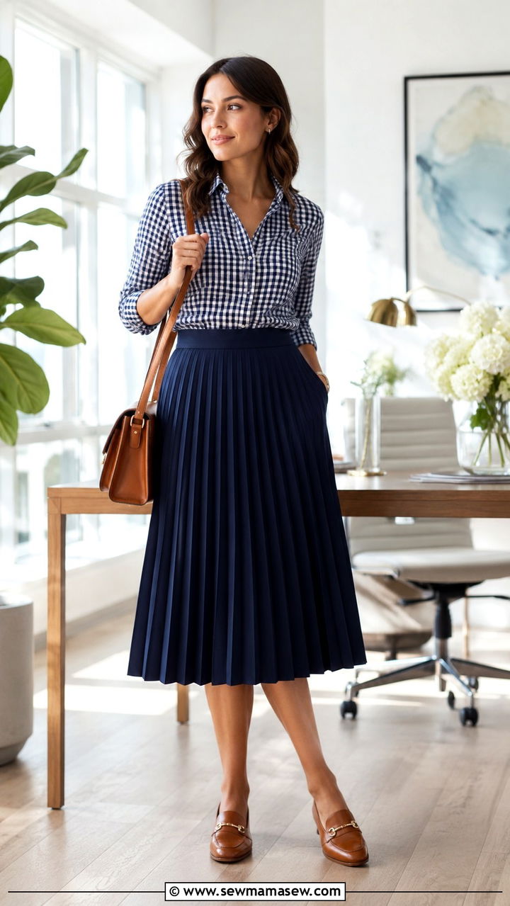 Navy Pleated Skirt With Gingham Button Down - 30 Pleated skirt outfit ideas for work