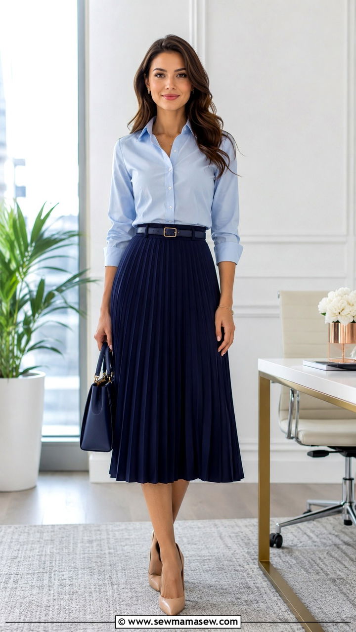 Navy Pleated Skirt With Light Blue Button Down - 30 Pleated skirt outfit ideas for work
