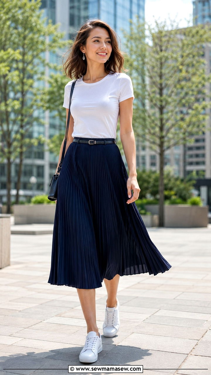 Navy Pleated Skirt With White Top Outfit - 30 Navy and white outfit ideas