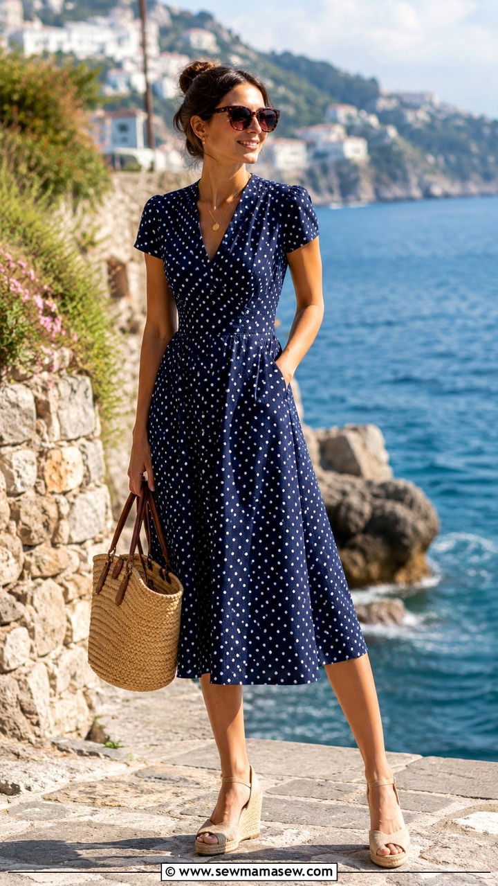 Navy Polka Dot Dress With Espadrille Wedges - 25 Vintage outfit ideas 2026